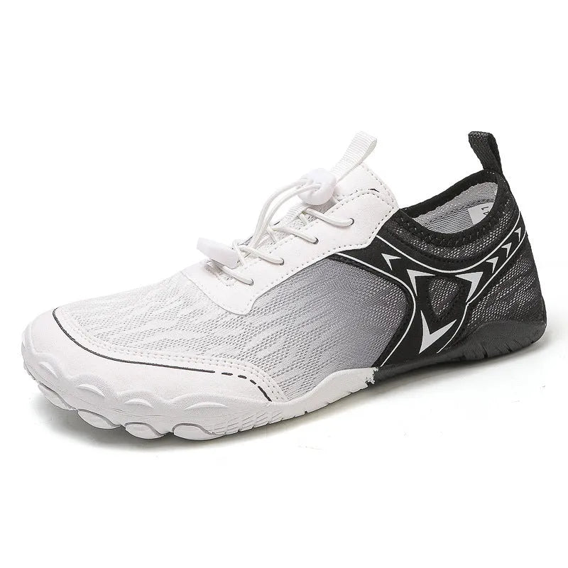 Five finger water shoes in army green with non-slip rubber sole and elastic Lycra upper.