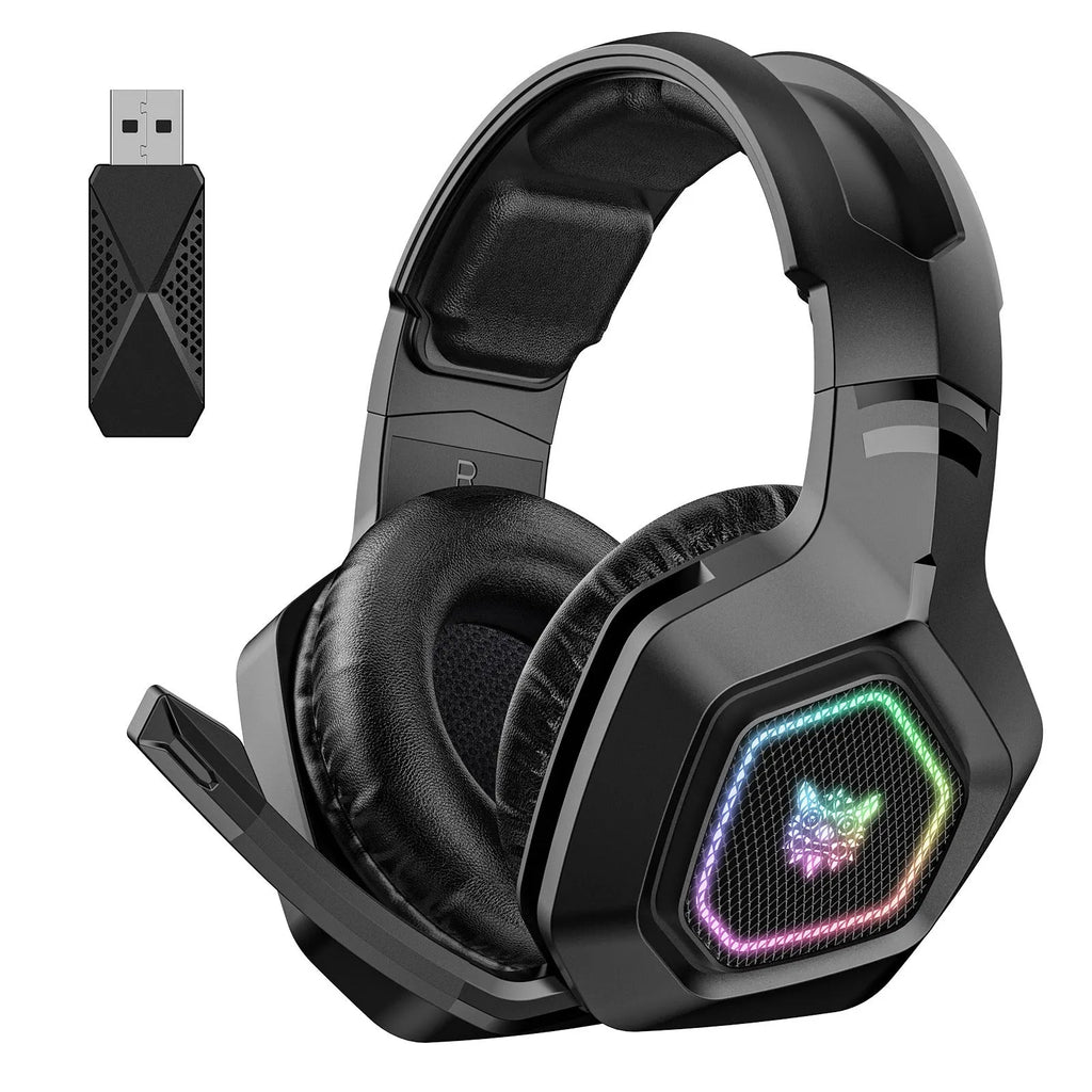 Black and white wireless gaming headset with RGB lighting, showing lightweight 24g design