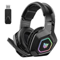 Black and white wireless gaming headset with RGB lighting, showing lightweight 24g design