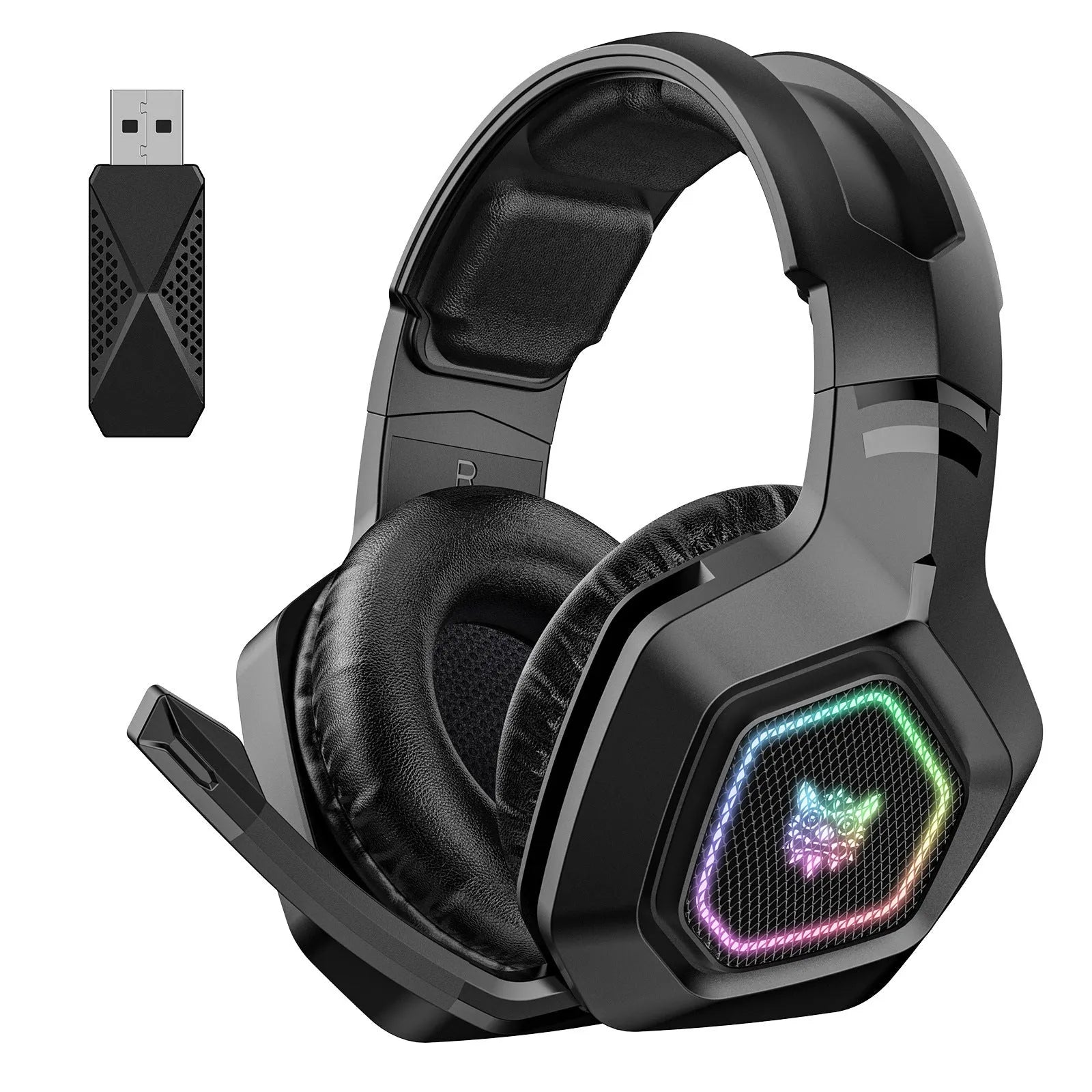 Black and white wireless gaming headset with RGB lighting, showing lightweight 24g design