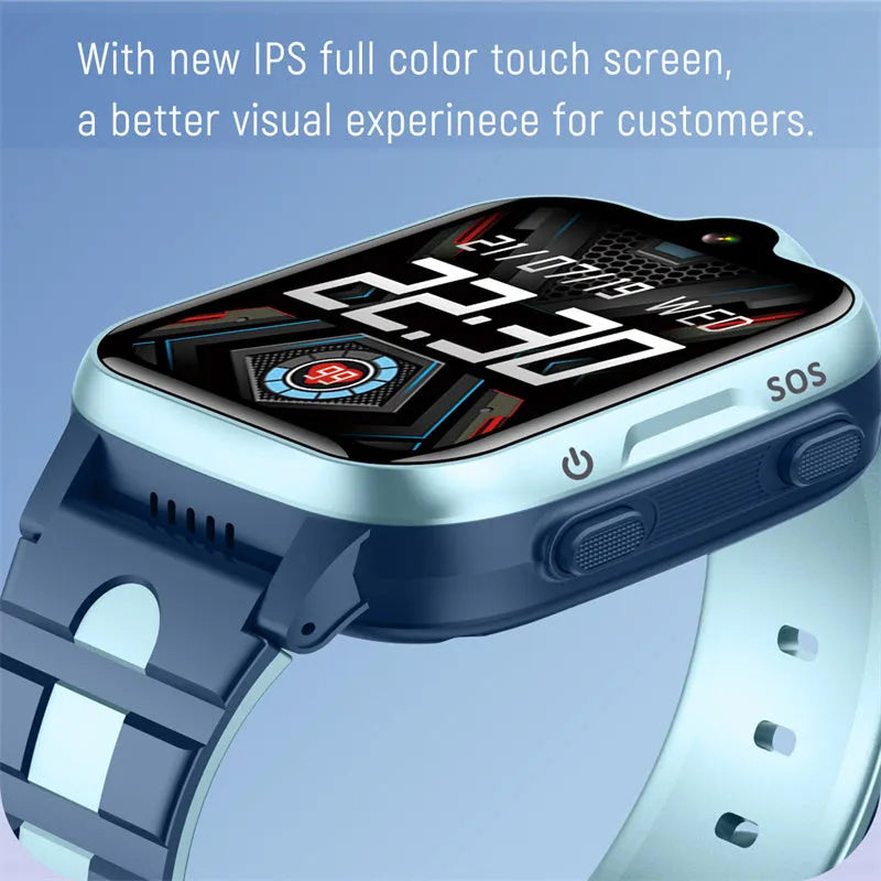 Children's 4G GPS locator video call watch with 1.66-inch touch screen, silicone strap, available in pink, blue, and black