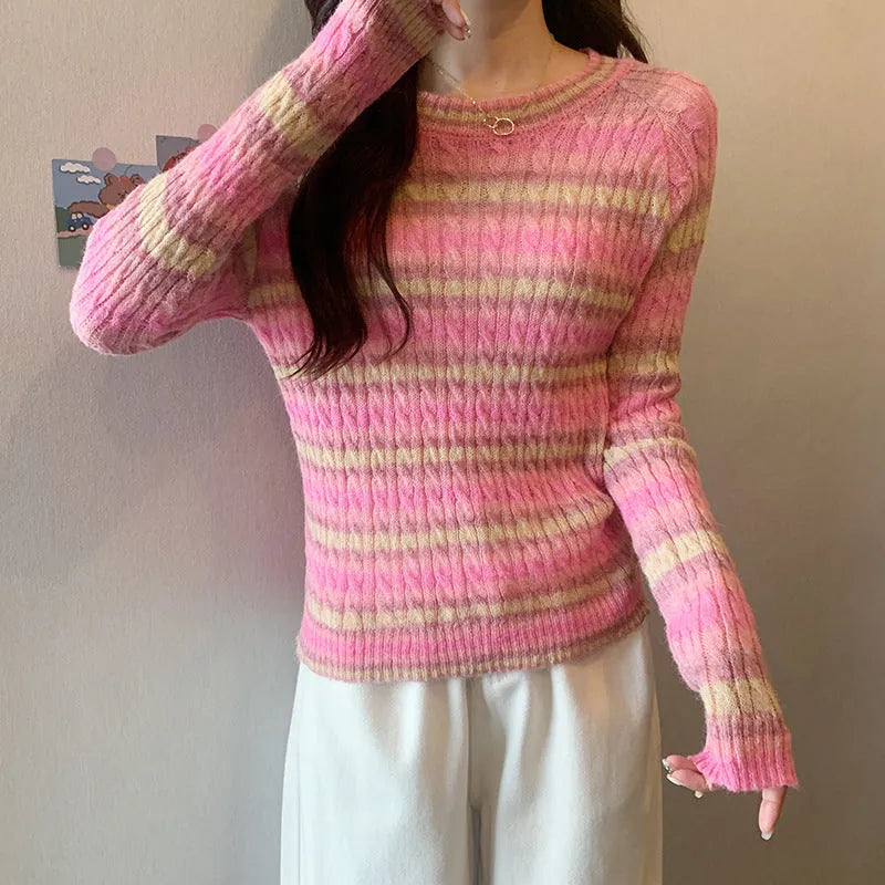 Women's striped round neck pullover sweater in pink or purple, slim fit, long sleeves, 50cm length, average size