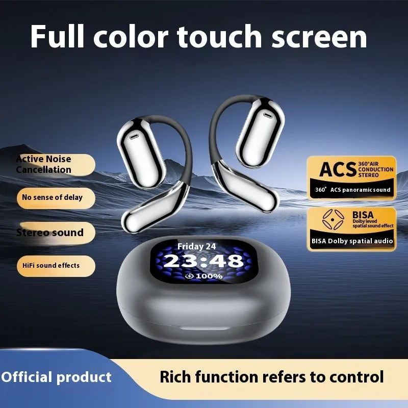 LED Display Ear-mounted OWS Bluetooth Headset in Gray with Digital Display and Ear Hook Design