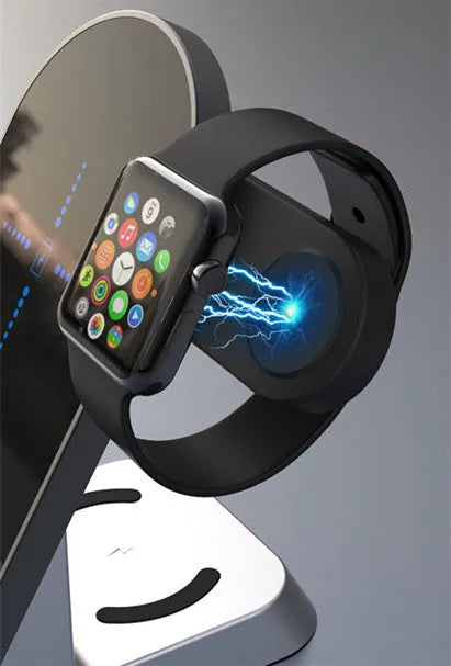 Creative H35 multifunctional wireless charging station with alarm clock in black, showing phone, watch, and earbud charging pads