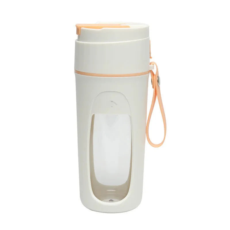 Portable USB rechargeable blender with borosilicate glass cup in fresh orange, grass green, and light purple colours.