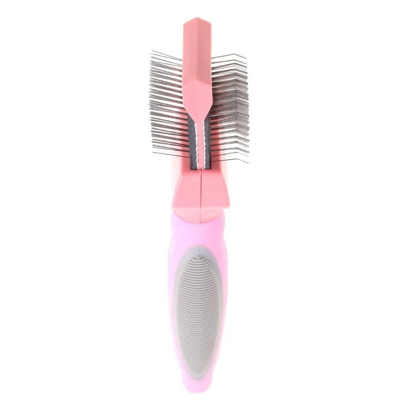 Double-sided pet brush with stainless steel pins showing blue colour and ergonomic handle