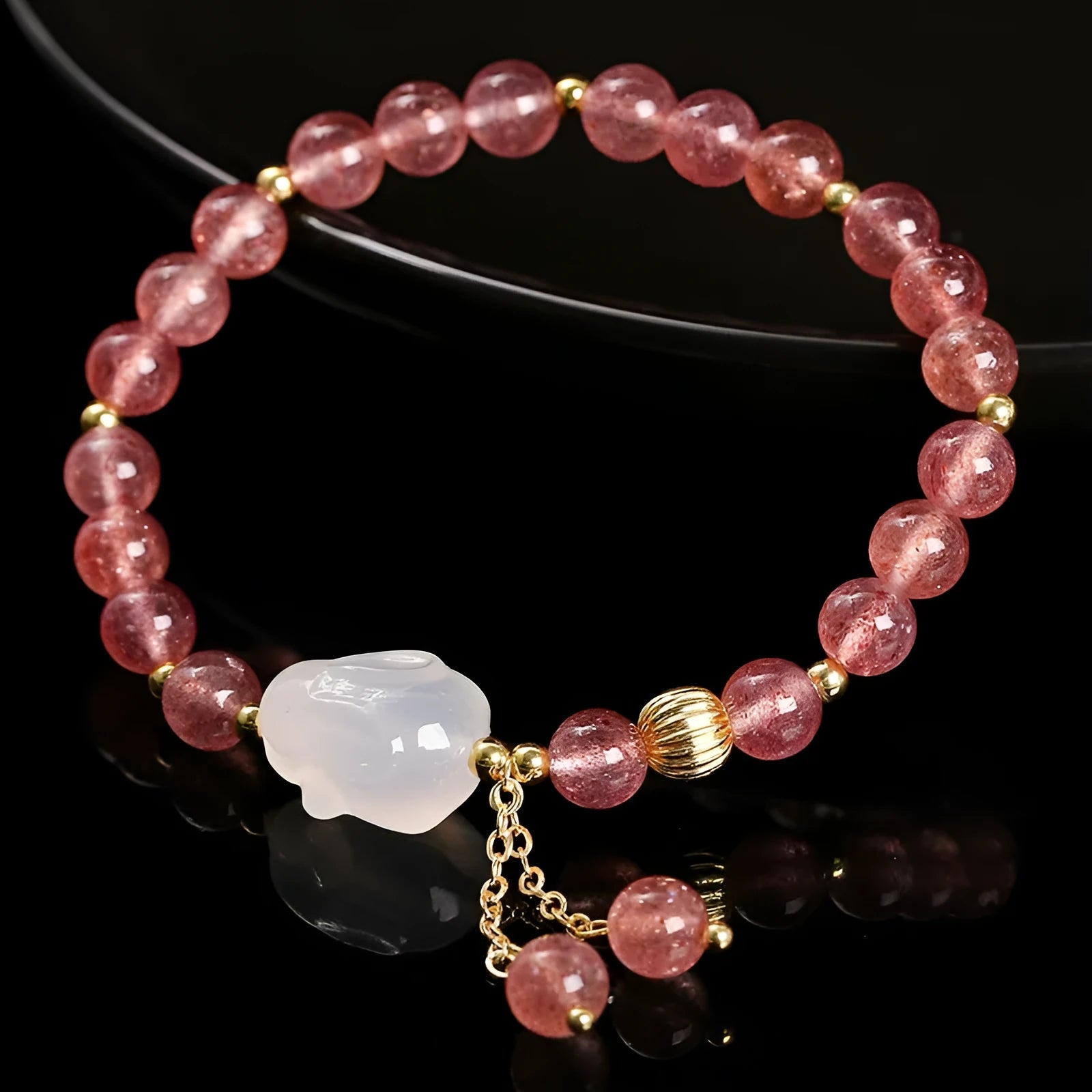 Strawberry quartz agate white rabbit bracelet with 6mm round beads in geometric sweet women's design