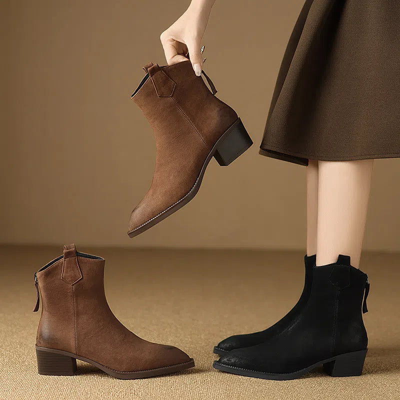 Women's retro Martin boots in light brown with pointed toe, chunky heel, and sewing thread detail