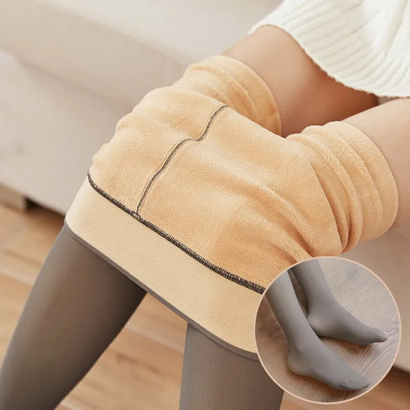 Fake translucent fleece lined tights for women, high waist, plus size, three thicknesses, black skin colour with feet