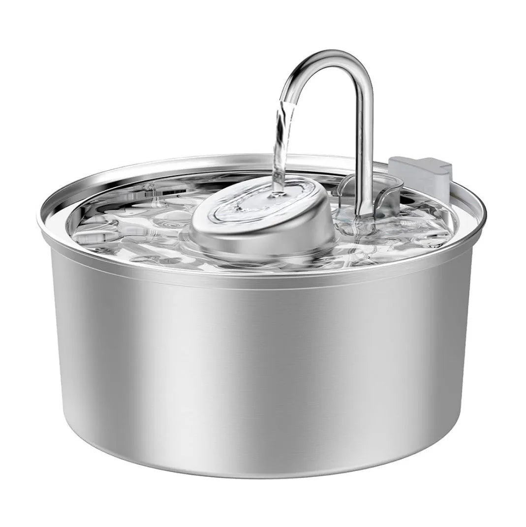 Stainless steel round pet water dispenser with large reservoir and selectable faucet attachment
