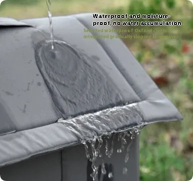 Gray cloth waterproof cat nest for stray cats with hanging bracket in outdoor winter setting