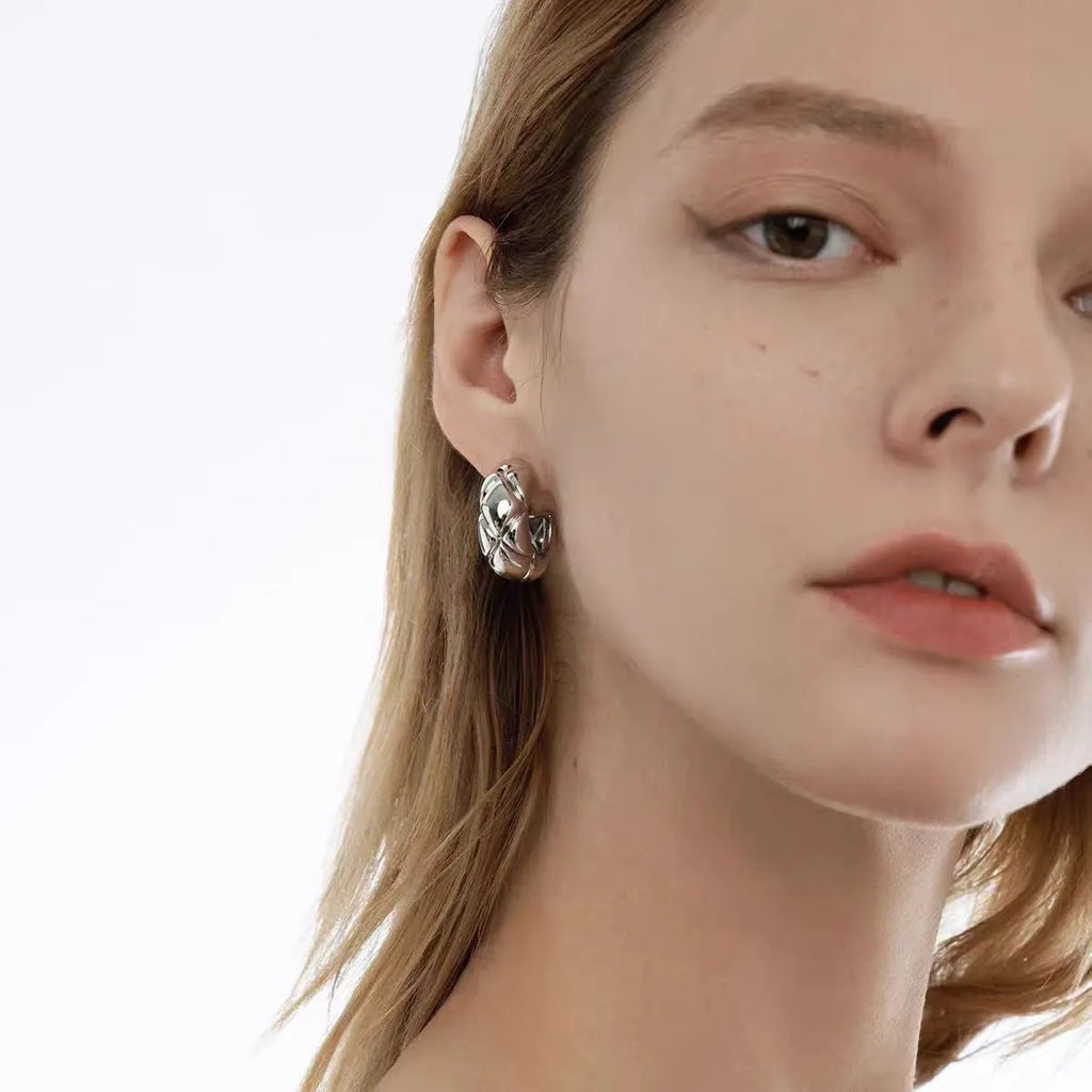 Gold plated copper stud earrings with geometric diamond lattice design, 24mm diameter, for women