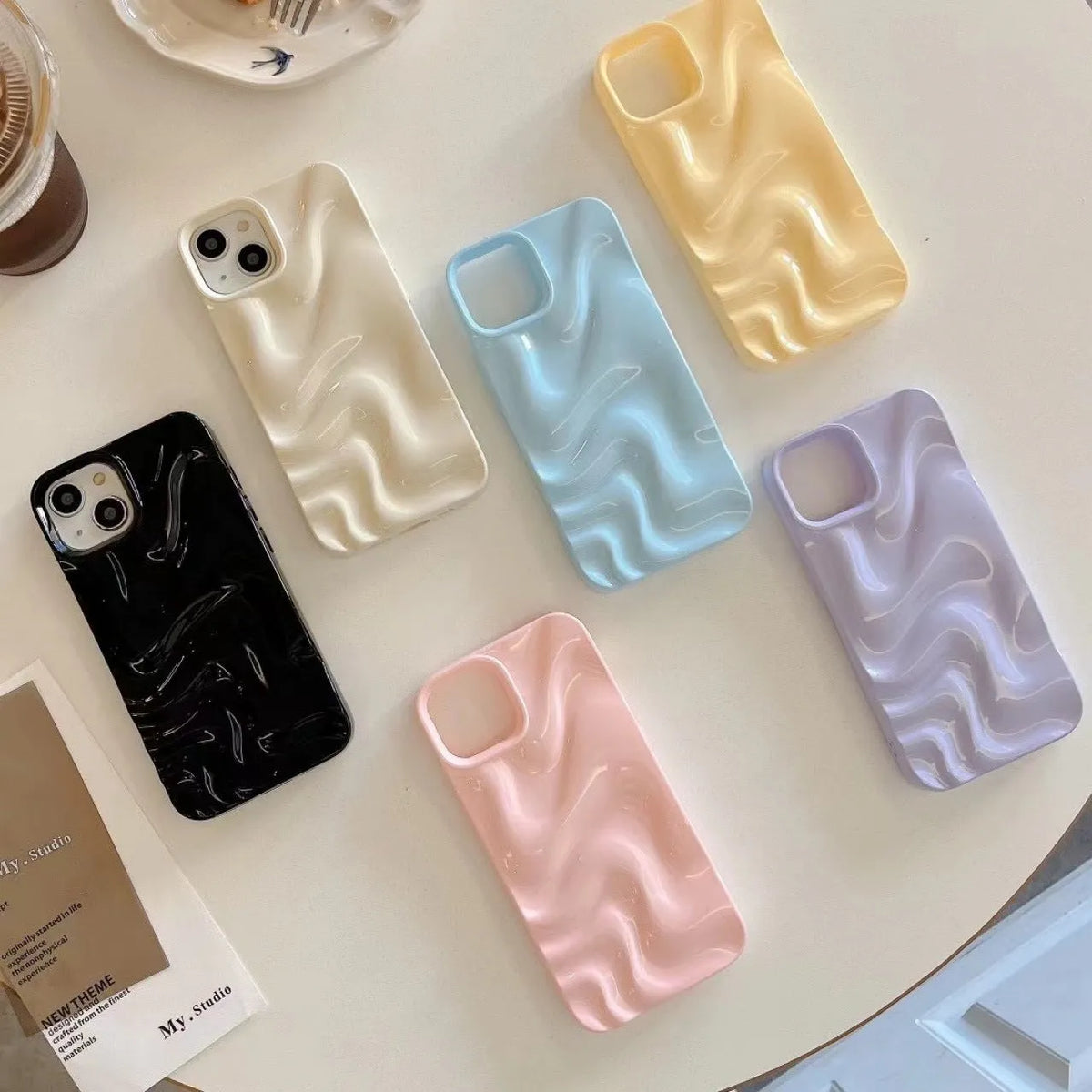 3D pleated water ripple TPU phone case for iPhone 11 to 15 Pro Max in frosted and glossy finishes