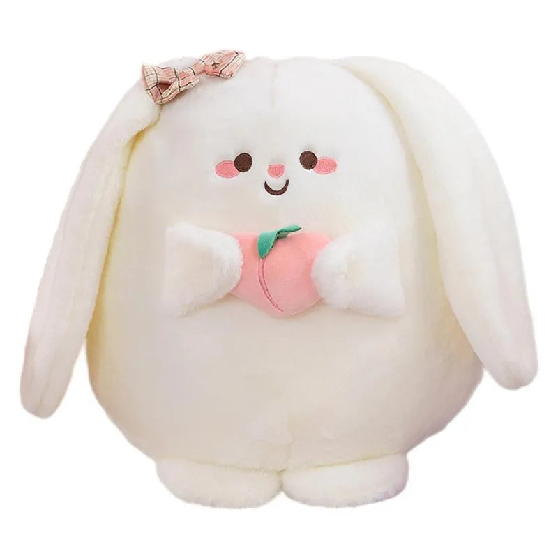Rabbit peach plush toy in 20cm, 25cm, 35cm and 45cm heights on a plain background