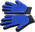 Blue pet grooming gloves with silicone grooming tips for dogs cats and horses