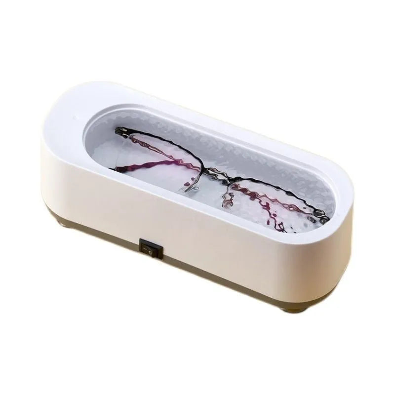 Ultrasonic glasses cleaning machine with purple light, 300ml capacity, USB or battery power, mechanical switch.