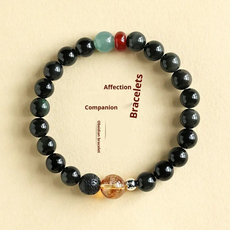 Chinese style obsidian yellow agate jade bracelet showing 8mm and 10mm bead size options.