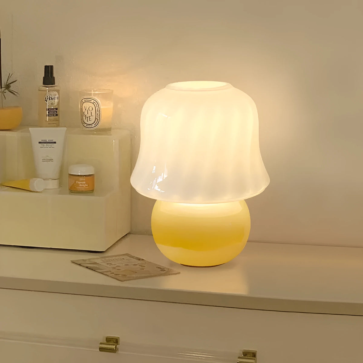 Cream handmade glazed glass mushroom table lamp, 22cm diameter 29cm height, E27 bedside light with push button switch