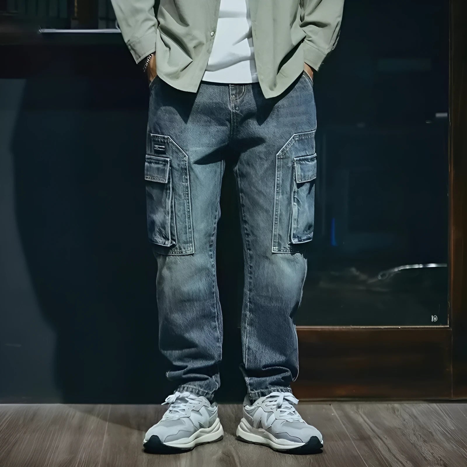 Man wearing blue loose straight-leg retro jeans with a zip fly, showcasing the casual fit.