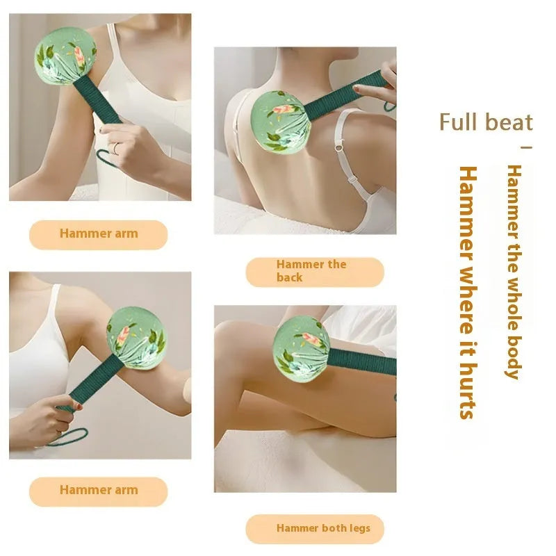 Argy wormwood hand-held massage hammer in green, shown alongside pink, purple, red and yellow colour options.