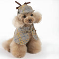 Camel-coloured detective suit style cotton cloak for a small dog with an adjustable hat.