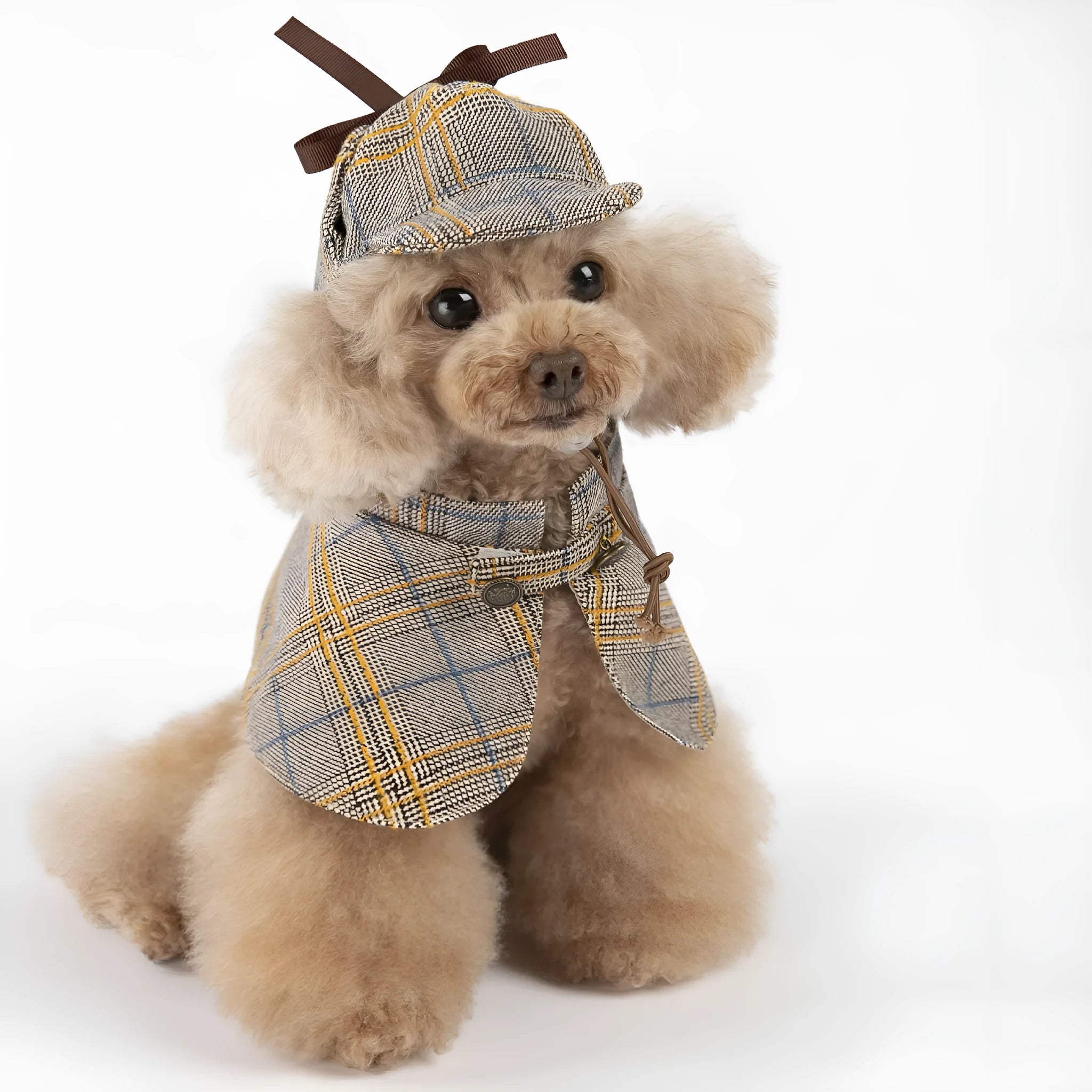Camel-coloured detective suit style cotton cloak for a small dog with an adjustable hat.