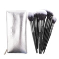 10-piece makeup brush set with artificial fibre heads, aluminium handles, powder and eyeshadow brushes, and a PU bag