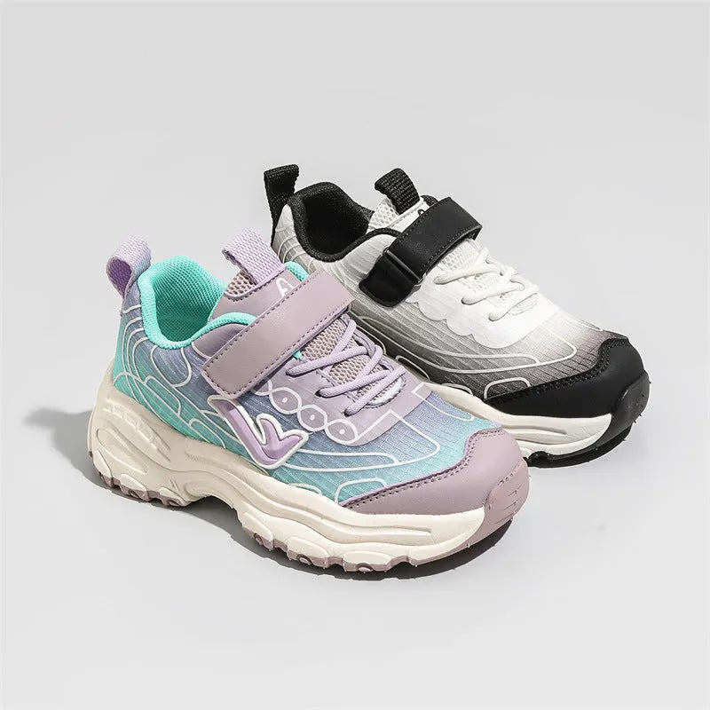 Children's striped casual trainers in black or purple with mesh upper and rubber sole.