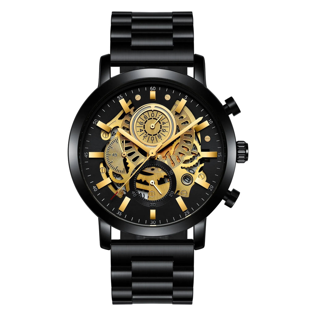 Men's multi-functional calendar watch with hollowed round dial, stainless steel strap, and butterfly buckle on grey background