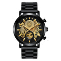 Men's multi-functional calendar watch with hollowed round dial, stainless steel strap, and butterfly buckle on grey background