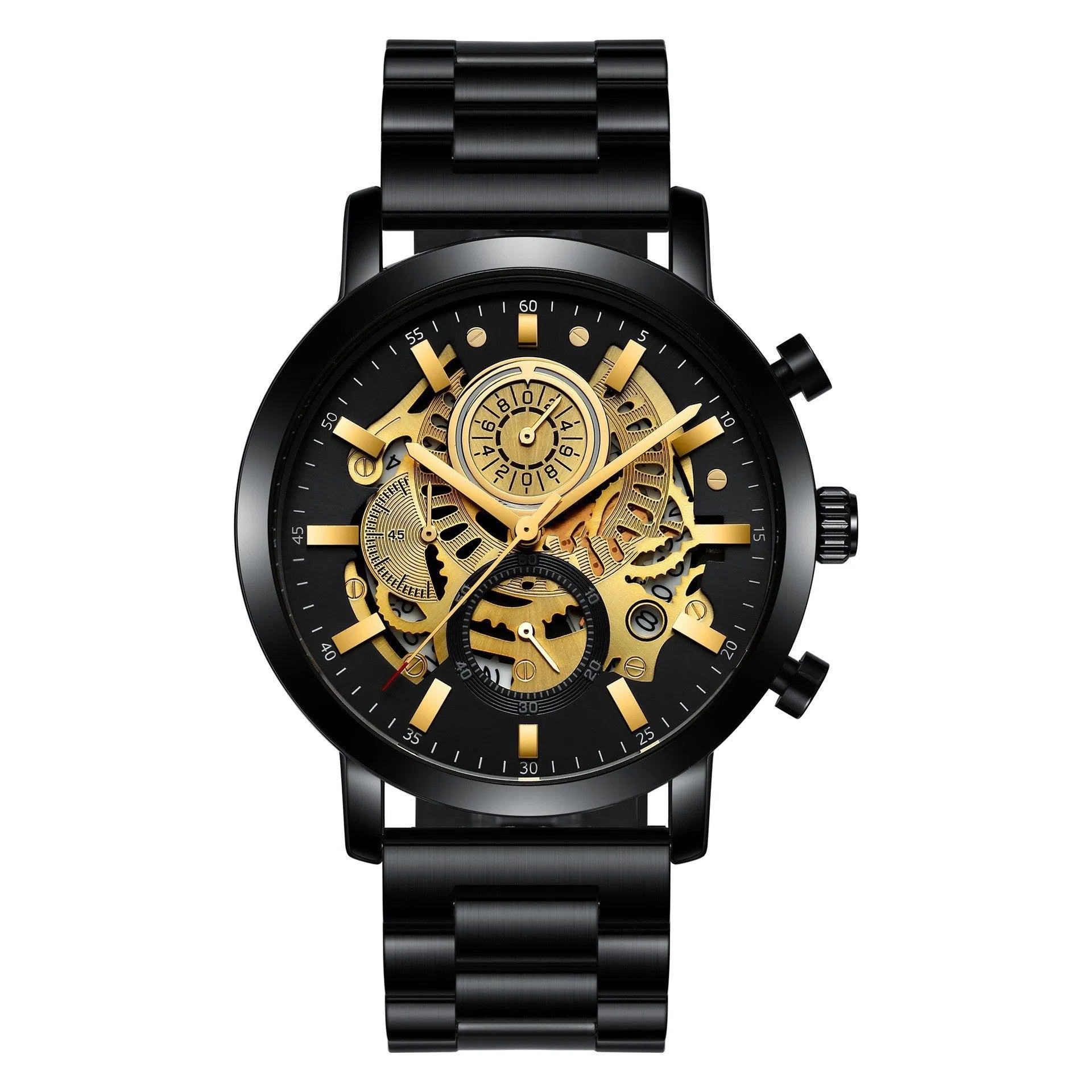 Men's multi-functional calendar watch with hollowed round dial, stainless steel strap, and butterfly buckle on grey background