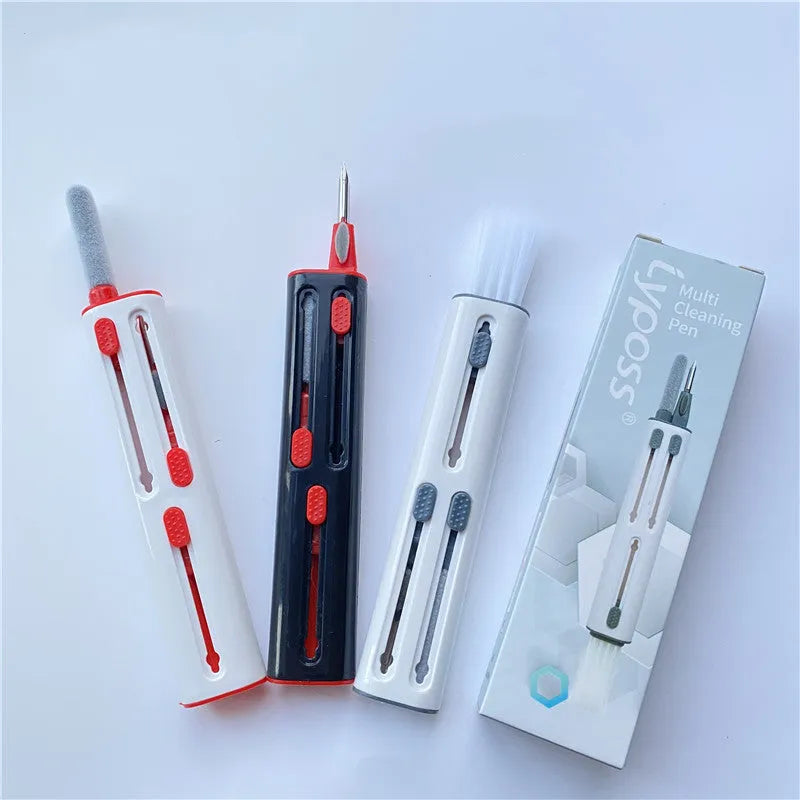 White and red AirPods cleaning pen with brush heads and flocking sponge for wireless earphone case cleaning