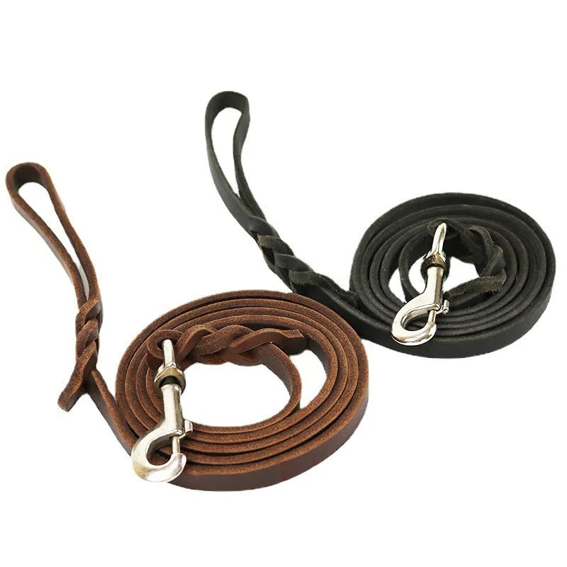 Thickened cowhide leather dog walking rope in light brown or black, shown in various lengths.