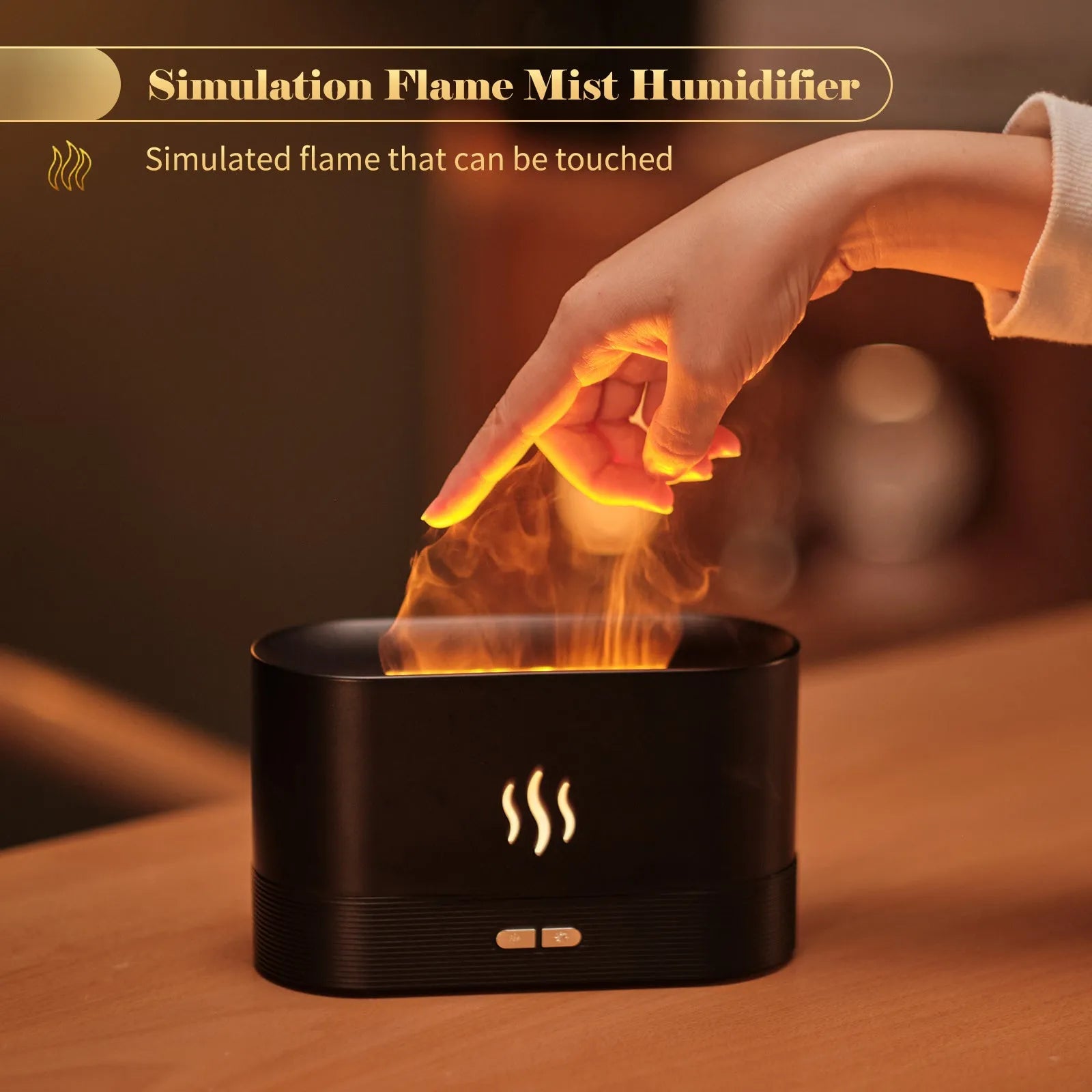 Square black ultrasonic aroma diffuser with LED flame effect and mist output