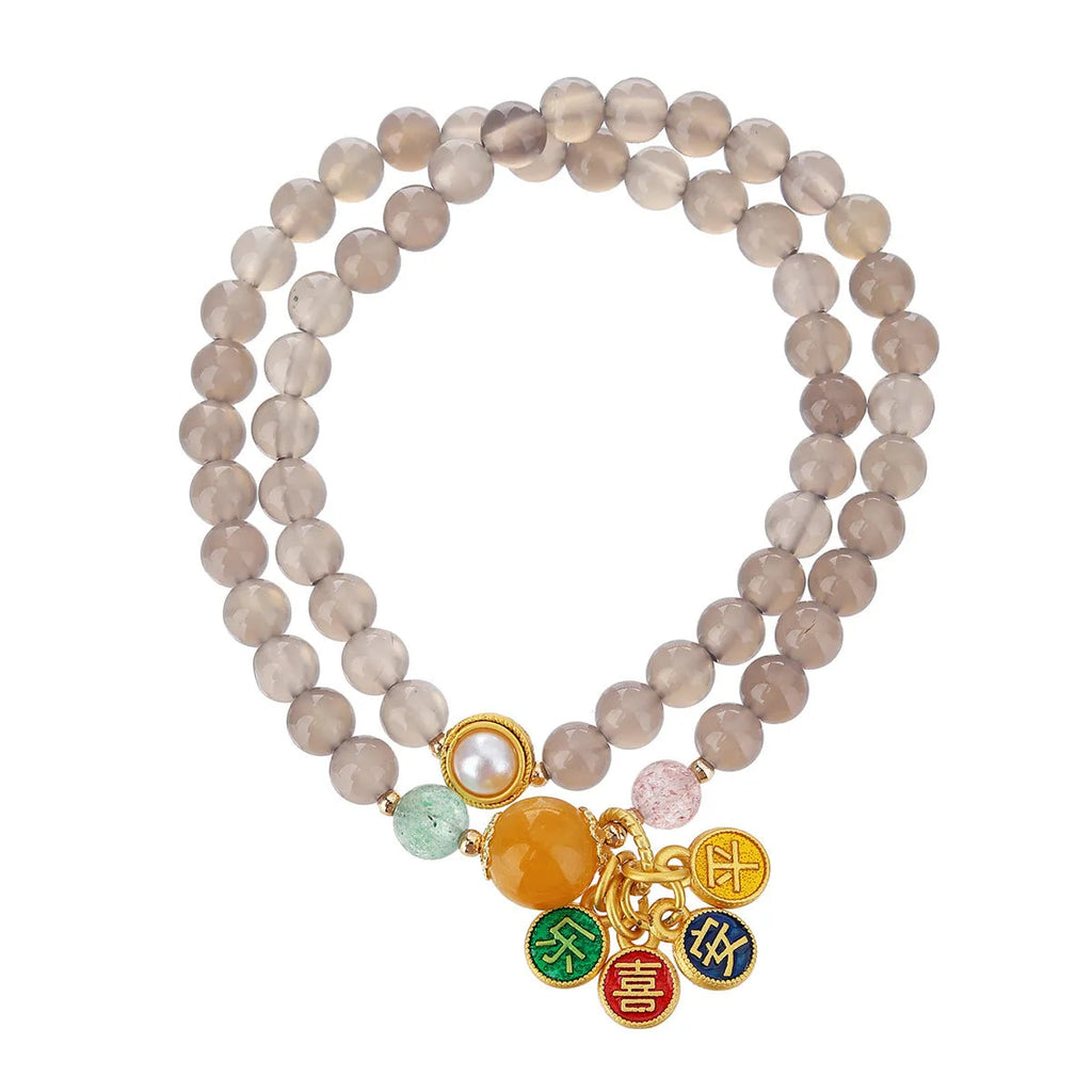 Handmade natural gray agate women's bracelet with two-circle retro design and safe happy charm