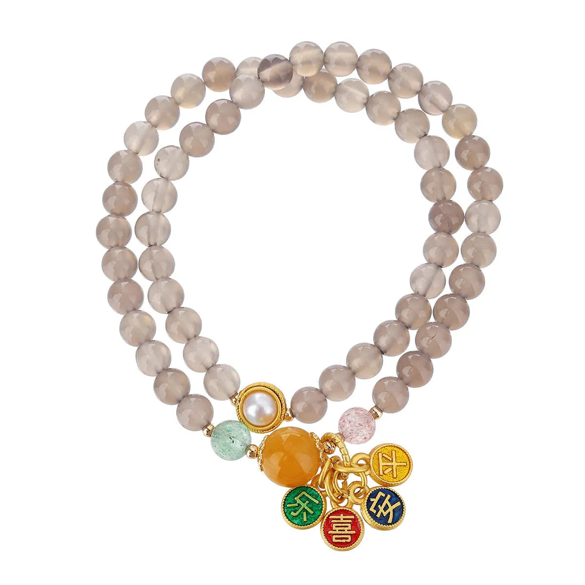 Handmade natural gray agate women's bracelet with two-circle retro design and safe happy charm