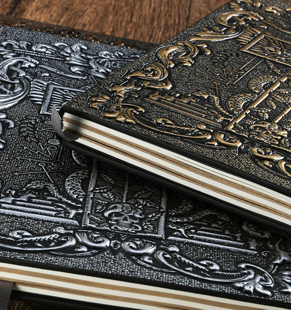 Tarot card retro embossed PU notebook in red bronze colour, A5 size with writing paper, closed view