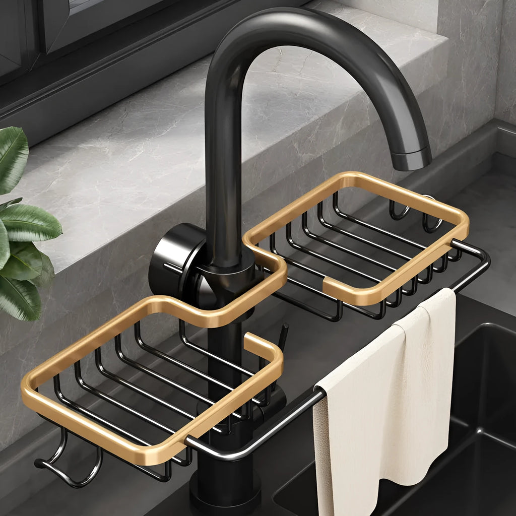 Silver aluminium kitchen faucet rack drain basket mounted on tap with double basket and towel bar