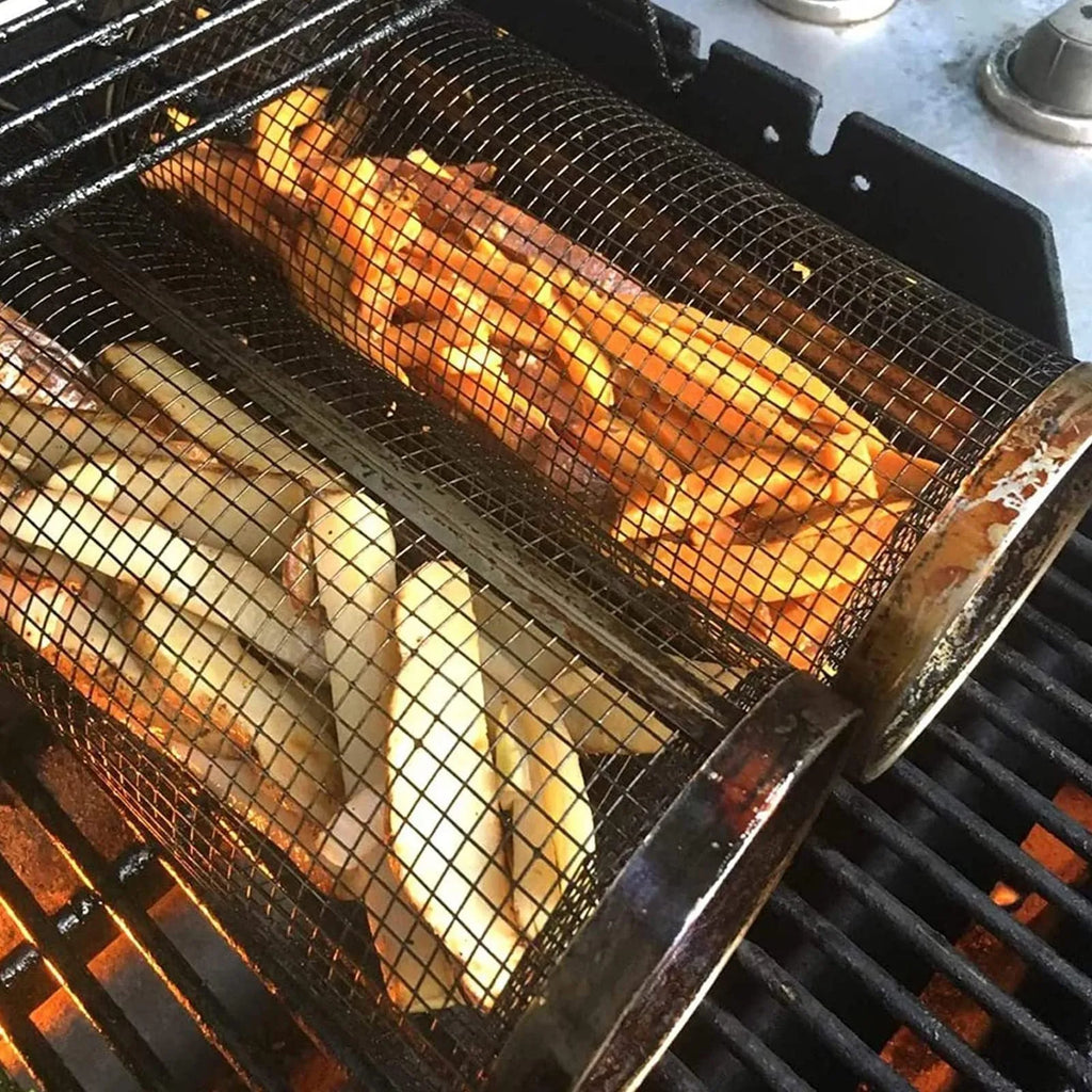 Cylindrical iron wire rolling barbecue grilling basket with a metal hook.