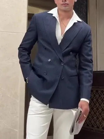 Men's classic stripe double-breasted blazer jacket on a hanger