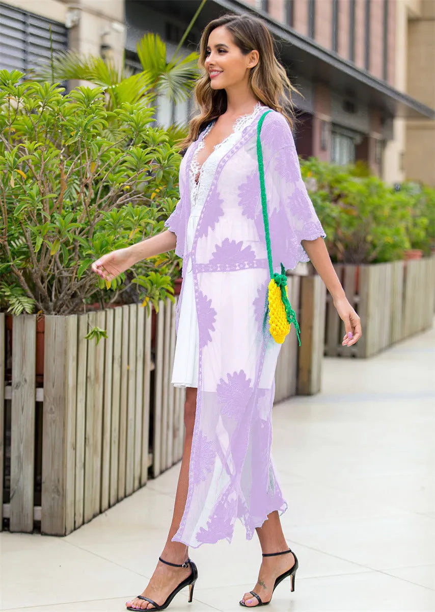 Light purple beach cover-up cardigan for women, free size, suitable for swimming and beachwear.