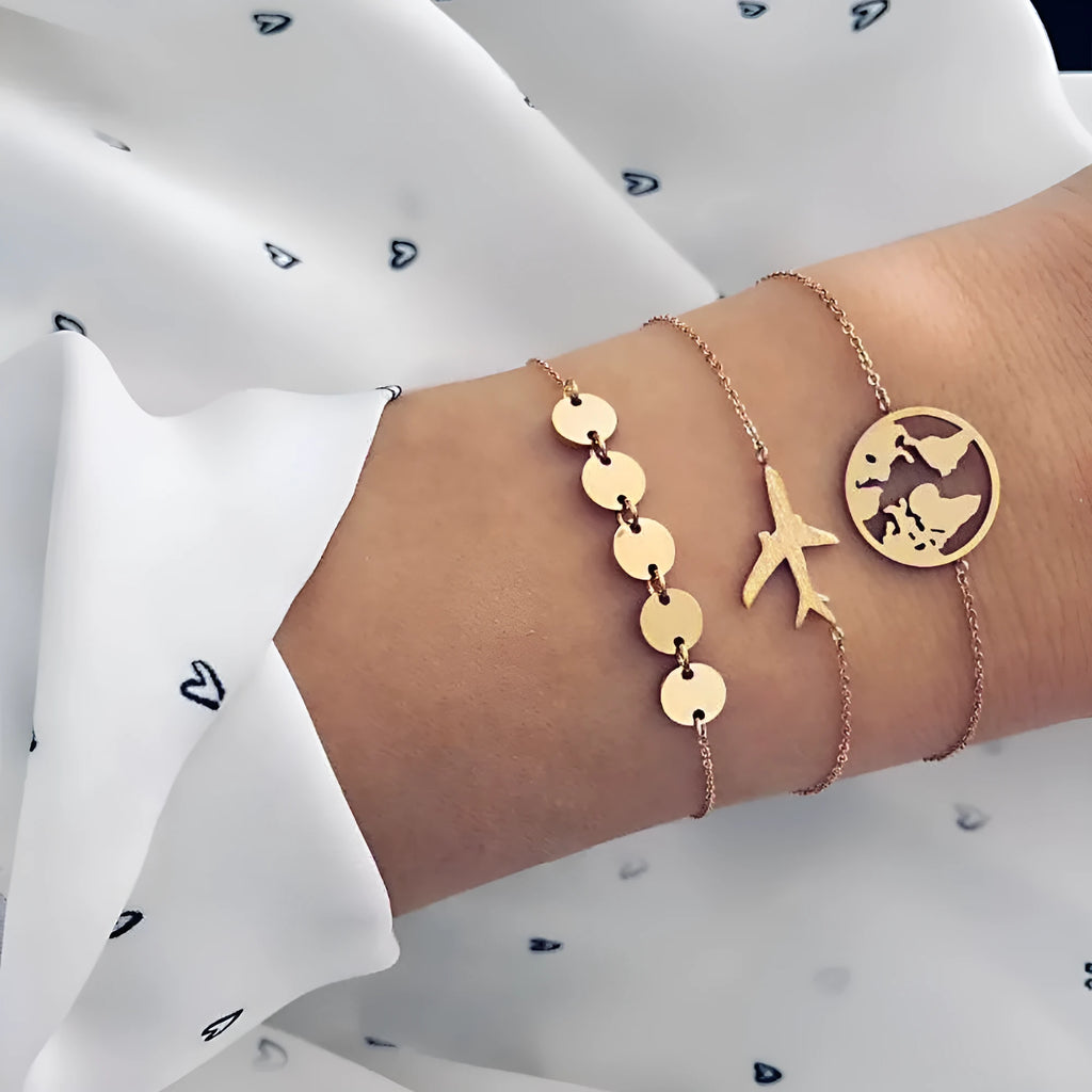 Women's bohemian aircraft map charm bracelet three-piece set with heart-shaped alloy charms