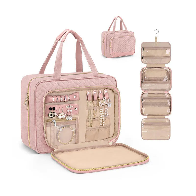 Waterproof polyester hanging cosmetic bag in pink or black measuring 30.5x11x22.9cm