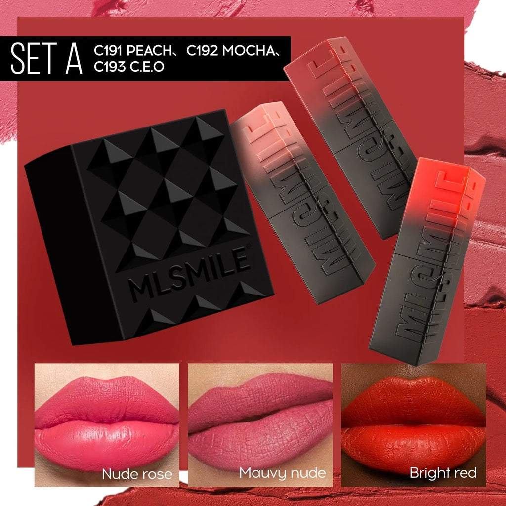 MLSMILE embossed lipstick three-piece set showing three lipstick bullets and packaging