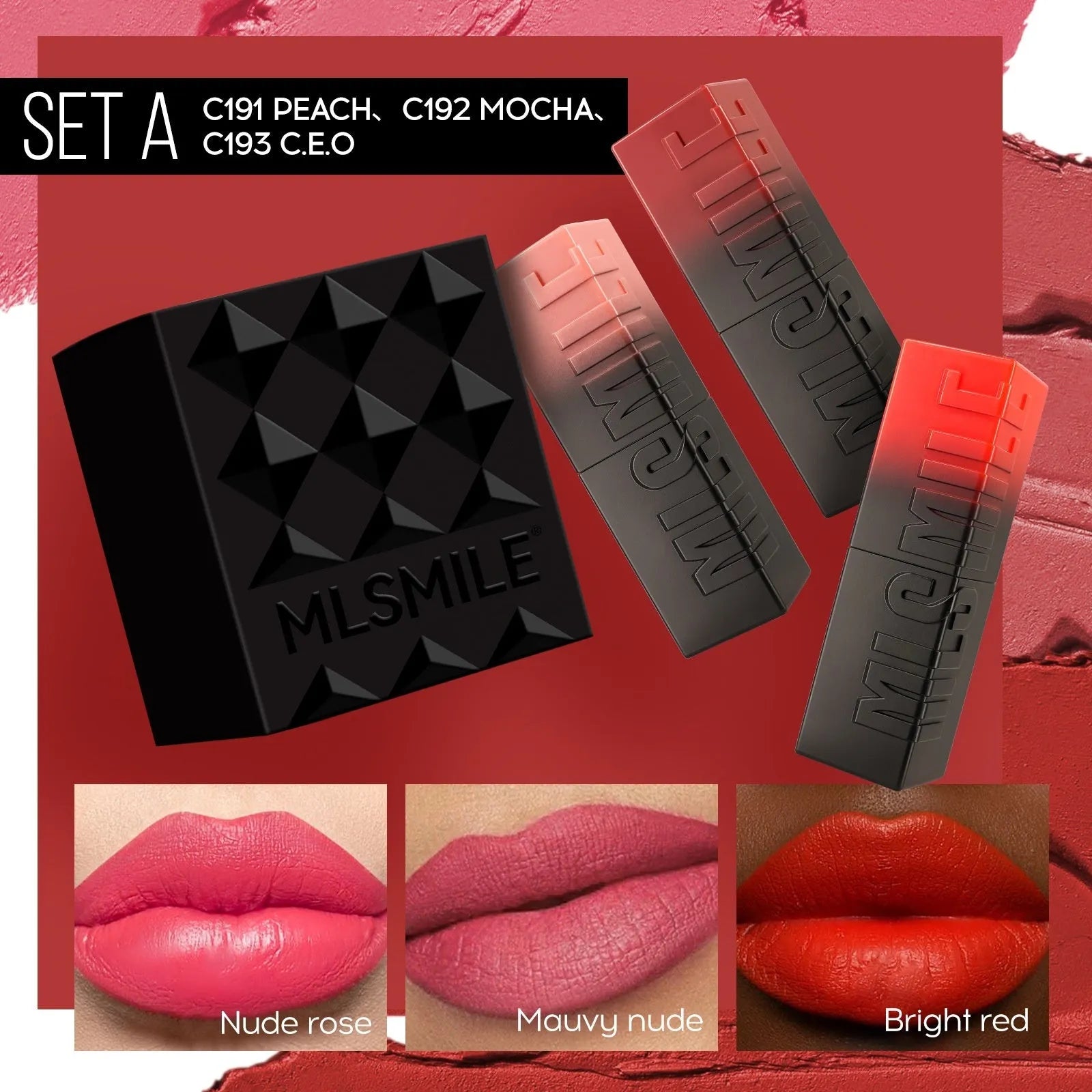 MLSMILE embossed lipstick three-piece set showing three lipstick bullets and packaging