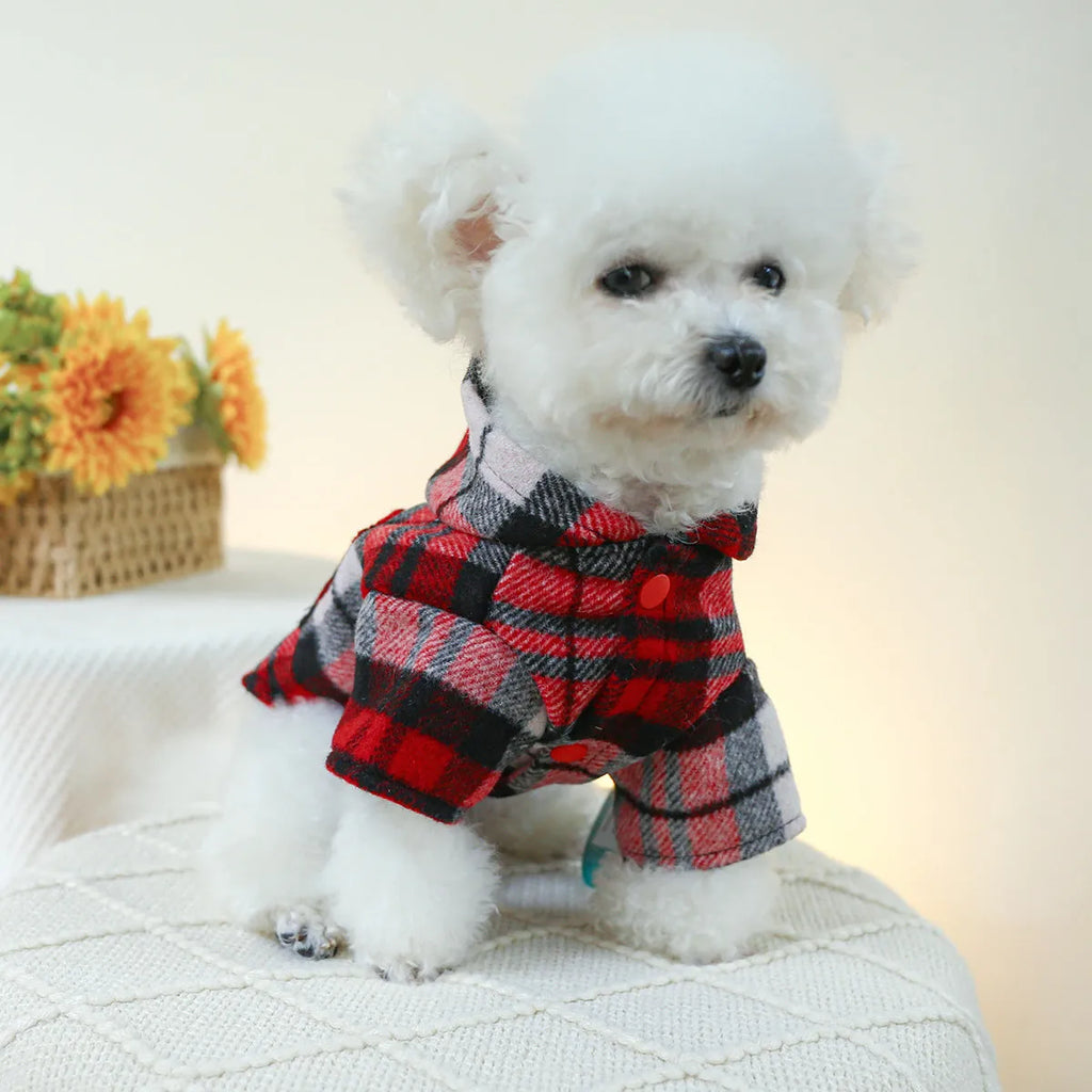 Red plaid dog trench coat shown alongside black houndstooth version, displaying five size options for pet clothing