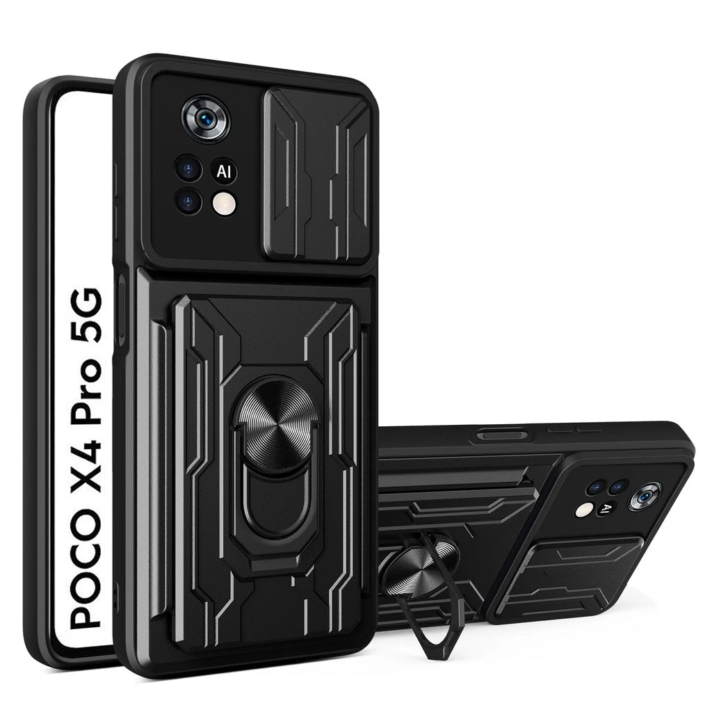Multi-function card phone case with TPU and PC layers for Xiaomi Redmi POCO, solid colour, black