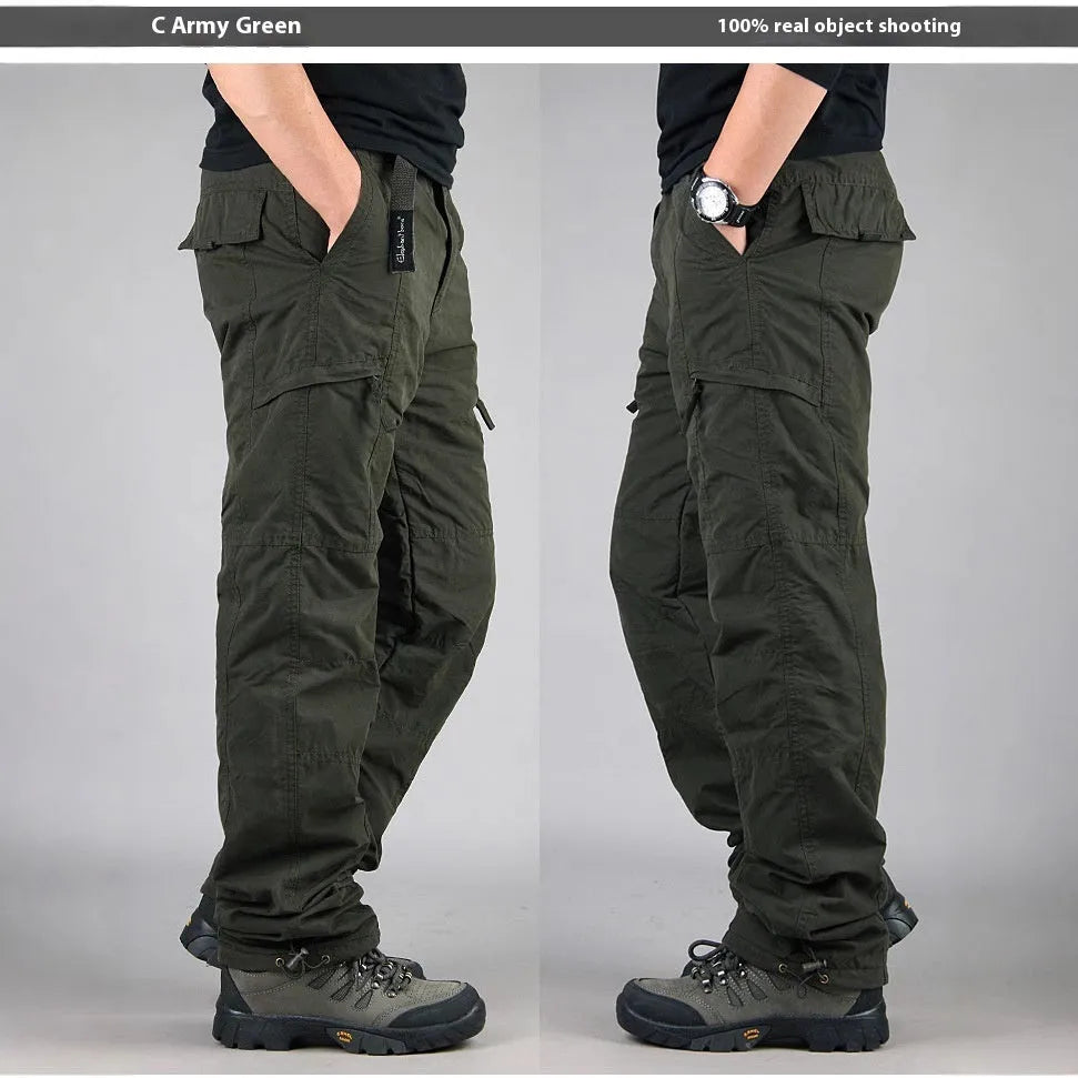 Men's thick cotton overalls with wool lining in khaki colour, showing loose fit and straight leg design.