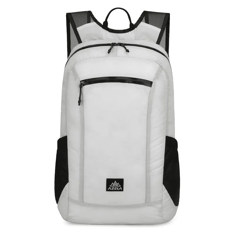 AZELA Lightweight Hiking Backpack in White with multiple pockets and breathable mesh straps for outdoor travel