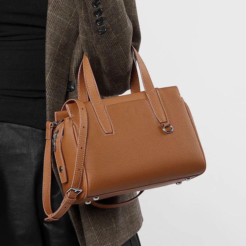 Genuine cowhide leather crossbody bag with horizontal square design in black, brown, and grey colour options